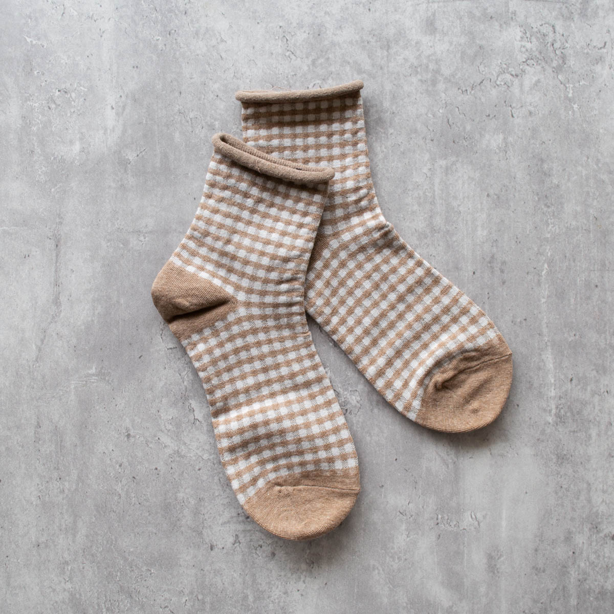Beige Gingham Crew Socks