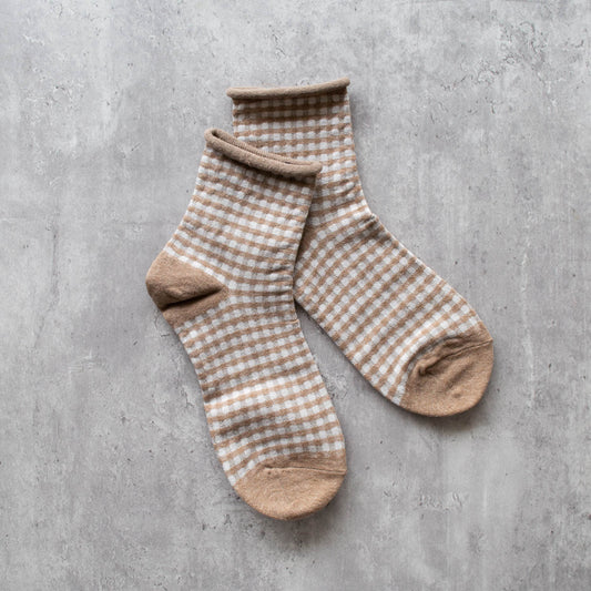 Beige Gingham Crew Socks
